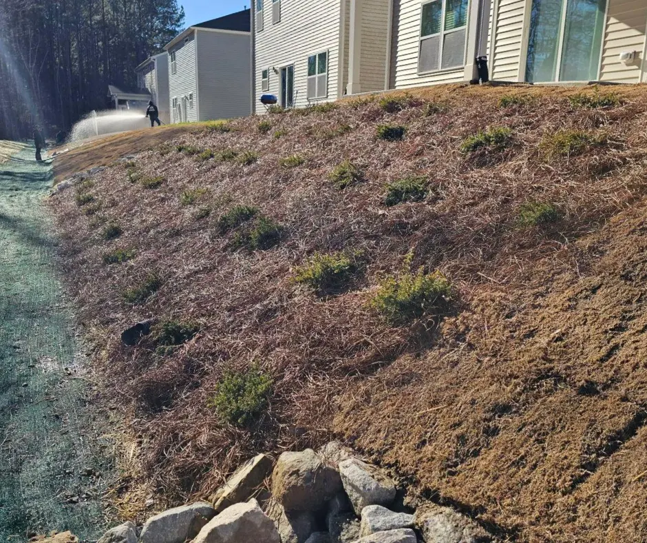 Slope stabilization with coir matting and rip-rap