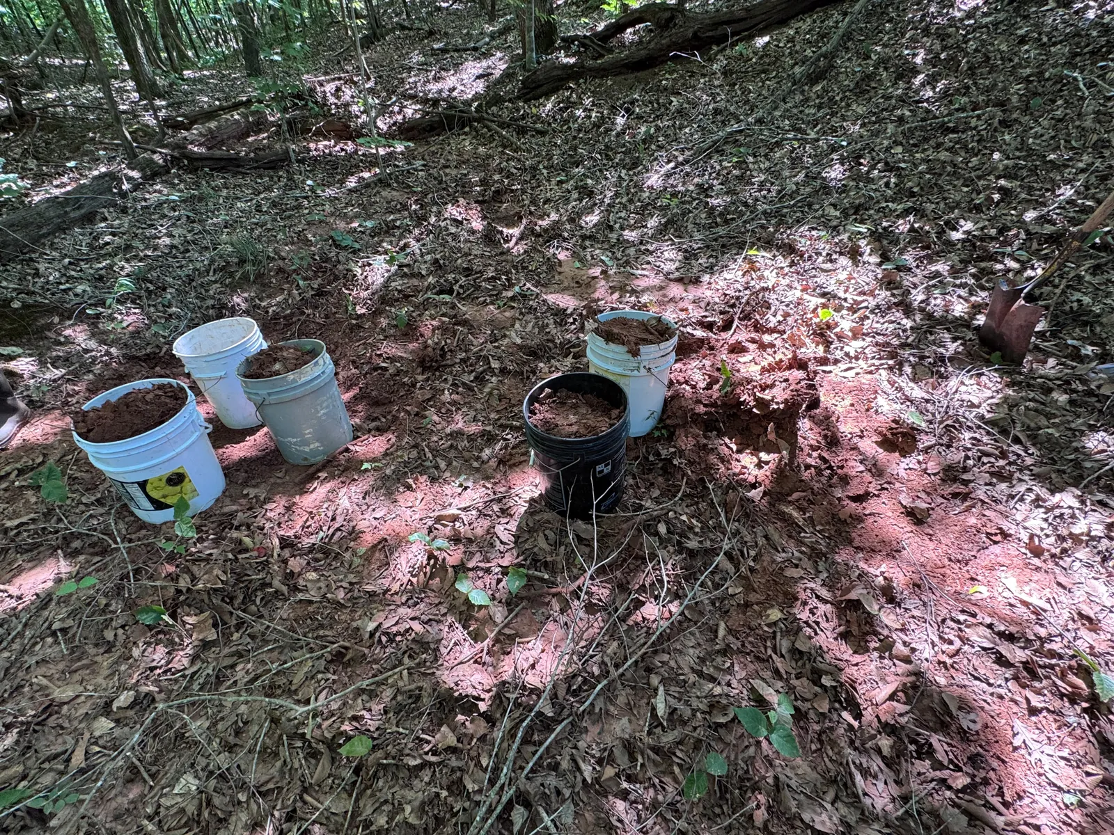 Buckets of removed sediment during a mud removal project