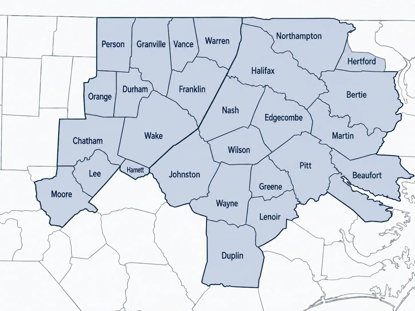 Map of North Carolina counties served by Delcid Erosion Control